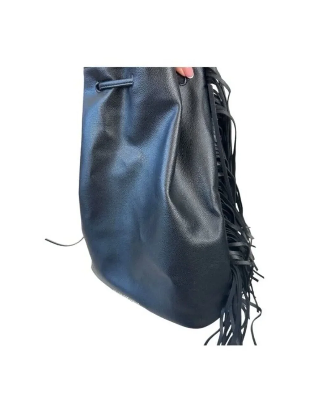 Victoria's Secret Backpack Solid Black Faux Suede Fringed Drawstring Bag Purse